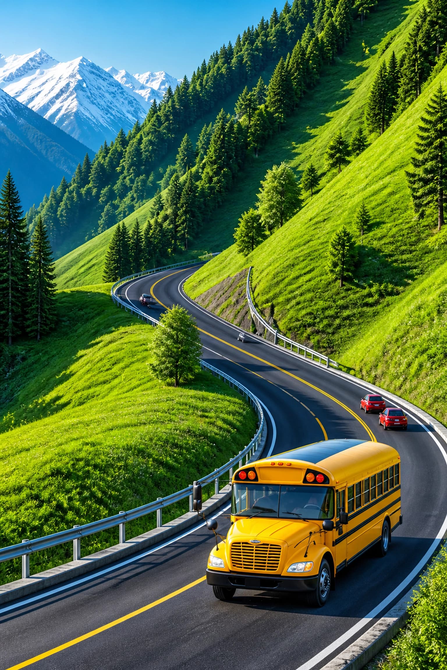Yellow school bus on a winding mountain road through green hills