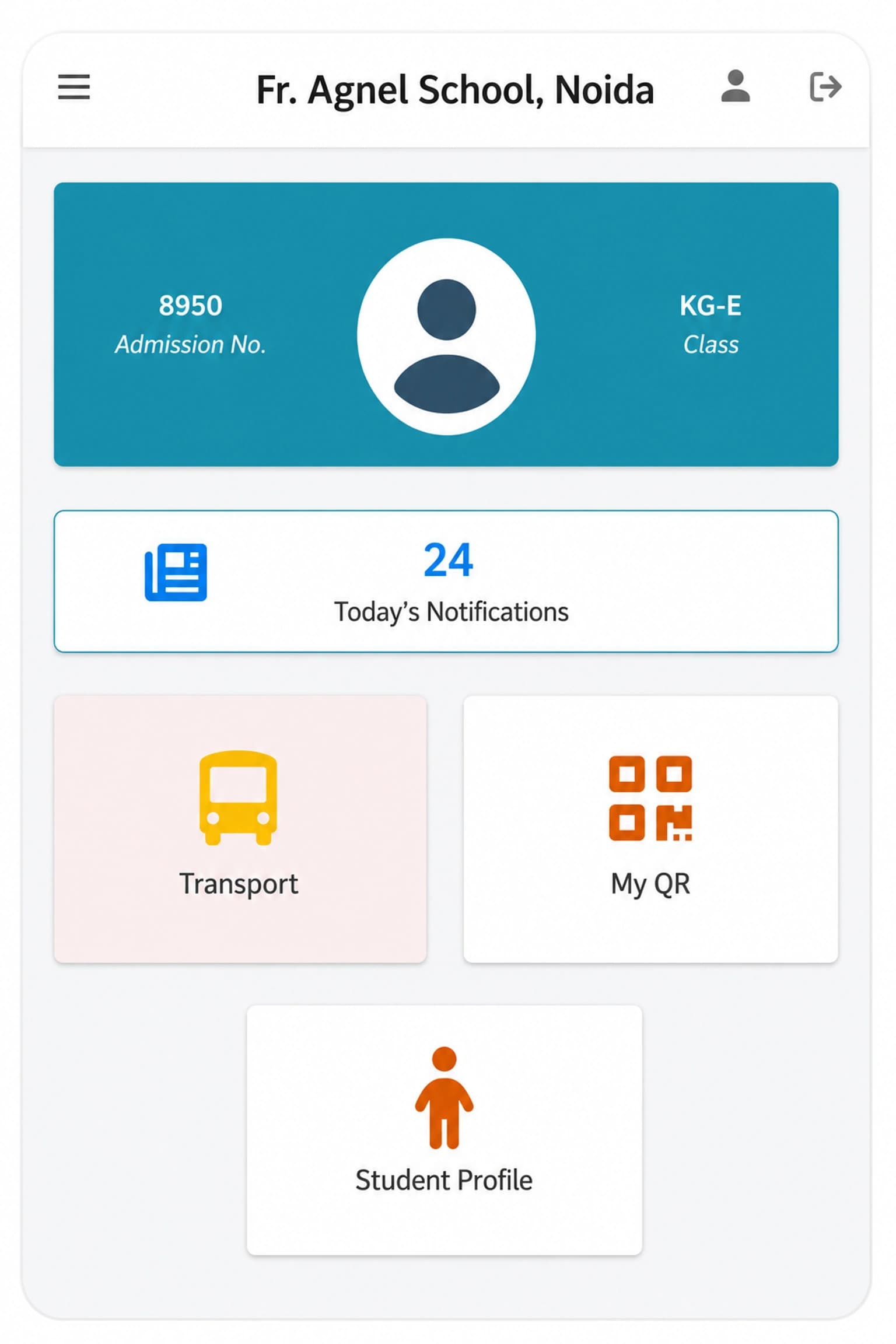 Igloobuzz parent app home screen with transport, QR and student profile
