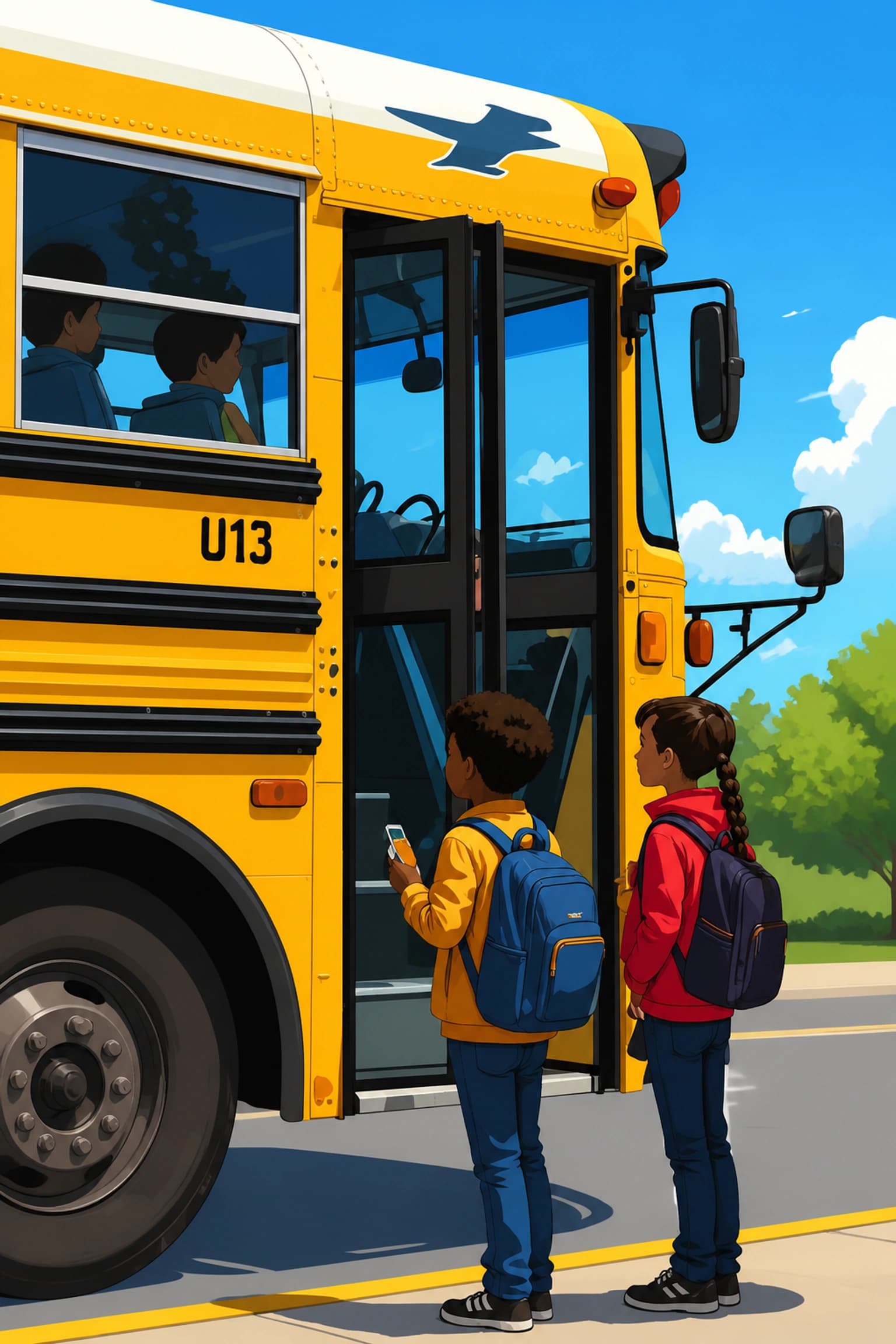 Two students boarding a yellow school bus