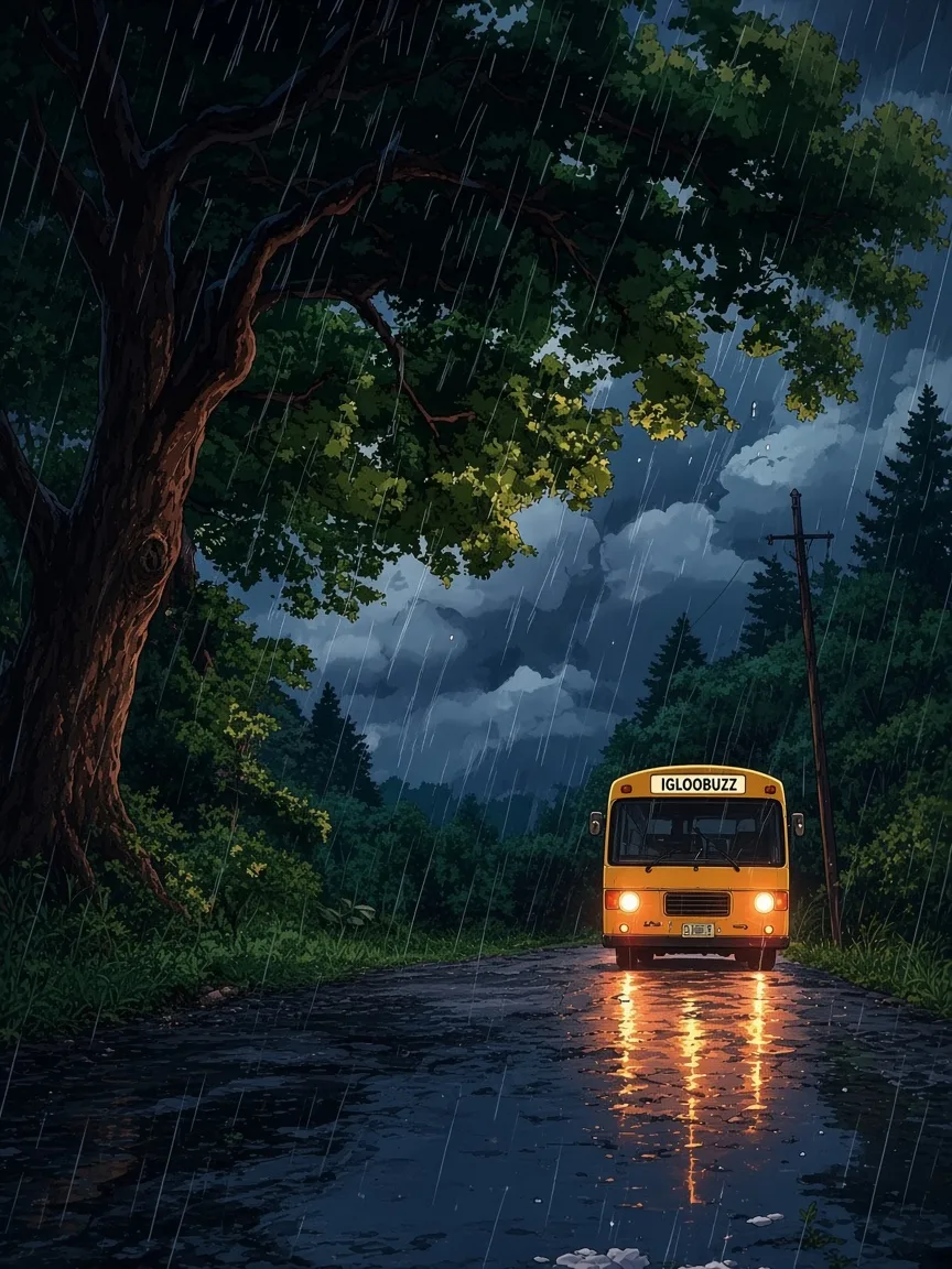 Yellow Igloobuzz bus on a wet forest road at night in the rain