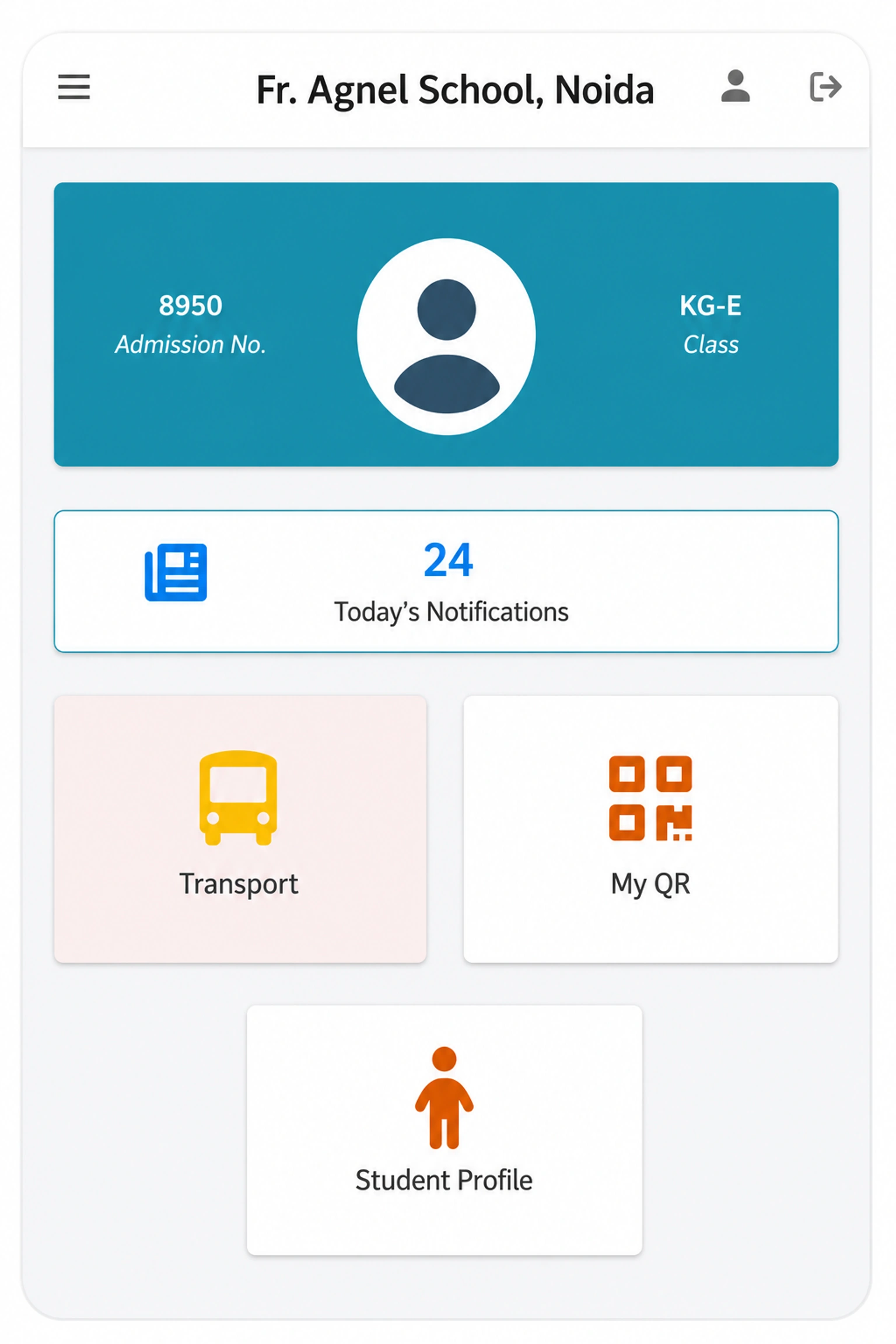 Igloobuzz parent app home screen with transport, QR and student profile
