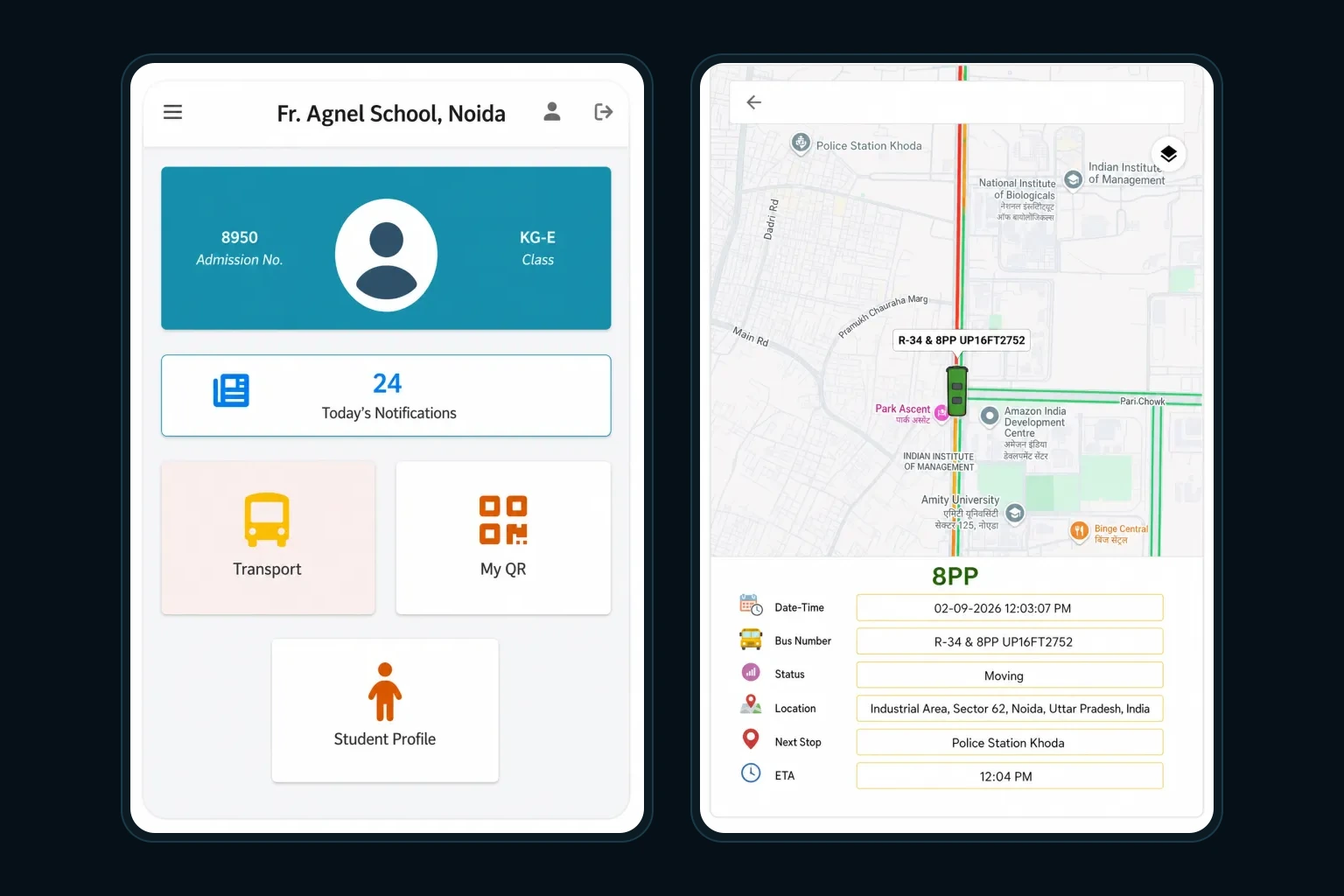 Igloobuzz parent app home and live bus tracking screens side by side
