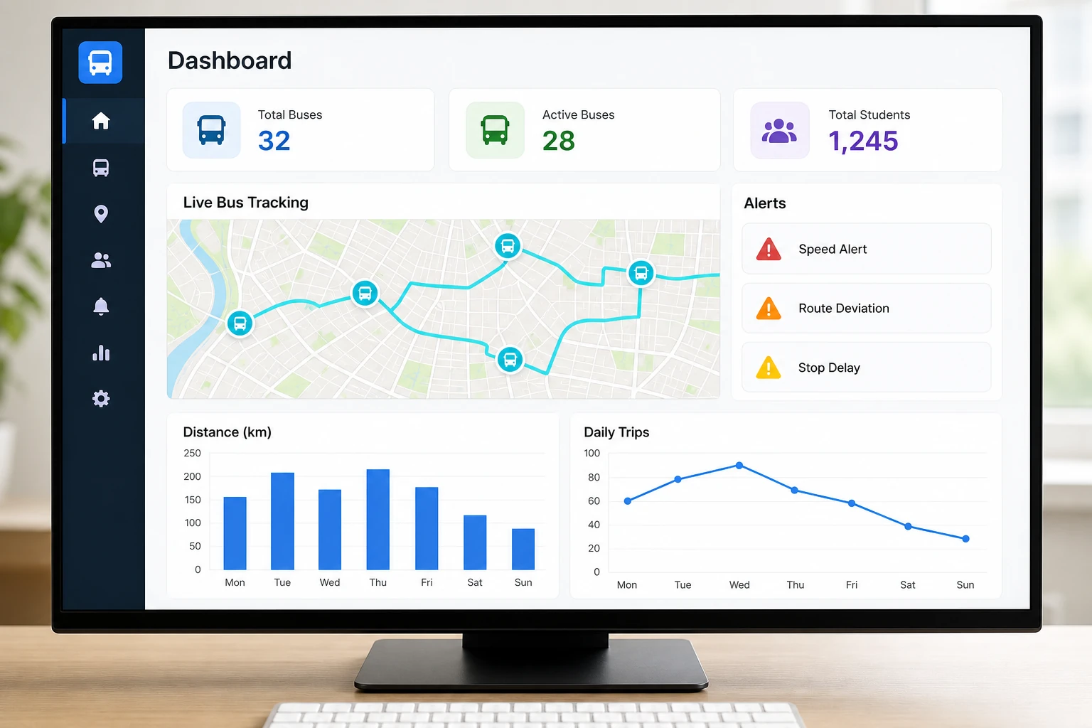 Igloobuzz school dashboard on a desktop monitor showing fleet status and alerts