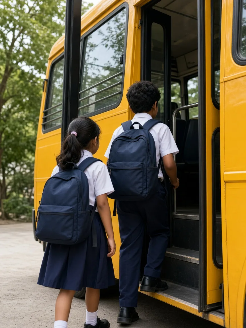 Two students boarding a yellow school bus, photographed from behind
