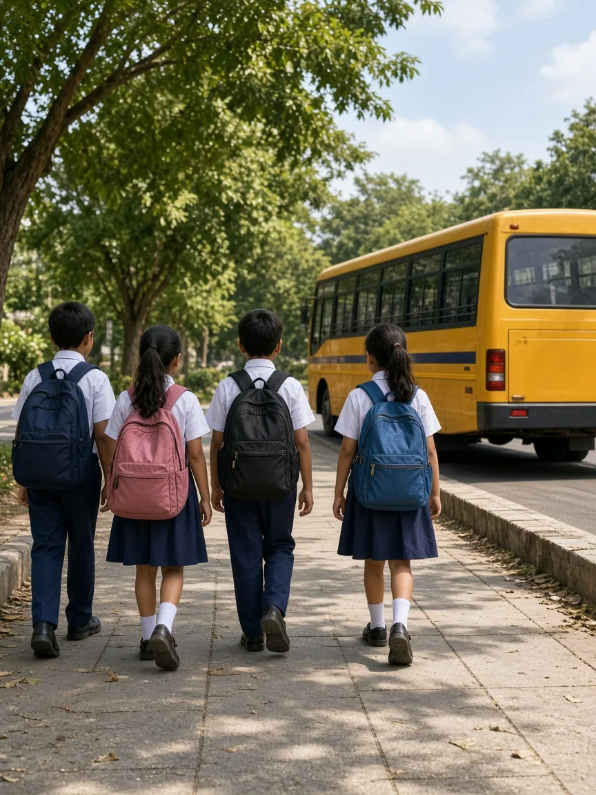 Schoolchildren walking toward a yellow bus, photographed from behind